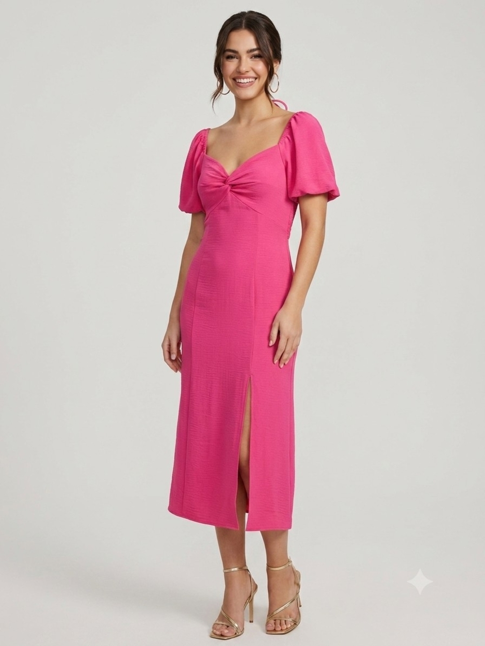 bohme Hot Pink Twist-Front Midi Dress with Puff Sleeves